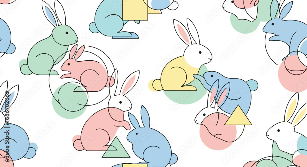 Obraz premium A modern seamless pattern of stylized rabbits in pastel colors, playfully interacting with simple geometric shapes.