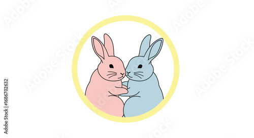 Two pastel-colored cartoon rabbits embracing within a yellow circle on a white background.