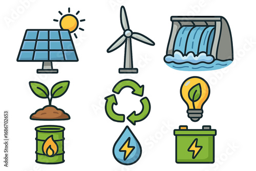 Vector icon set of renewable energy sources. Green power generation concept. Sustainable technology with solar panel, wind turbine, hydro dam, biomass, and battery storage symbols.