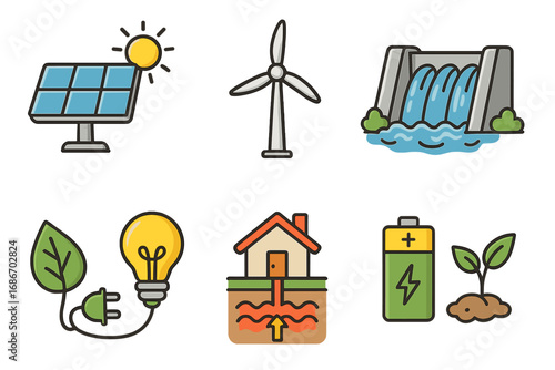 Renewable energy icon set. Clean power generation concepts. Solar panel, wind turbine, hydro, geothermal and bio energy. Sustainable green technology vector illustration.
