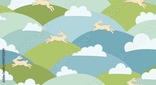 Cute cartoon bunnies leap across a stylized landscape of soft green and blue rolling hills under a cloudy sky.