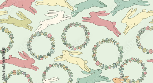 A whimsical seamless pattern of colorful pastel rabbits leaping through floral wreaths.
