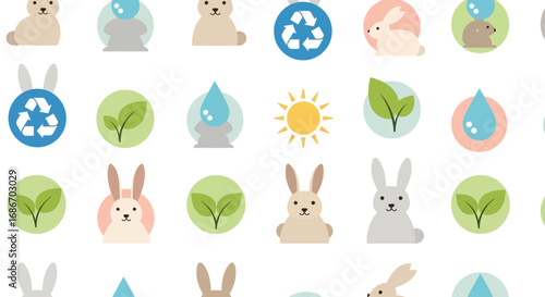 A vibrant seamless pattern showcasing various cartoon rabbits, recycling symbols, water drops, sun, and green leaves, promoting environmental awareness.