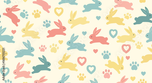 Adorable seamless pattern of colorful pastel bunnies, tiny paw prints, and delicate hearts scattered across a light cream background.