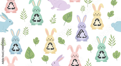 Cute pastel bunnies featuring recycling symbols and green leaves scattered across a seamless white background.