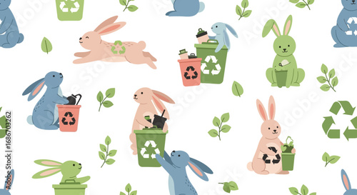 Cute cartoon rabbits actively sorting and recycling waste into bins, surrounded by green leaves and recycling symbols in a seamless pattern.