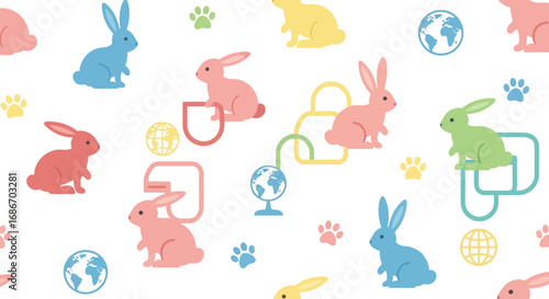 Colorful rabbits and globe icons create a playful repeating pattern on a white background.