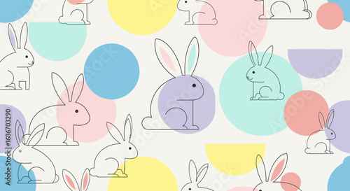 Charming seamless pattern with white and outlined rabbits on a background of soft pastel circles.