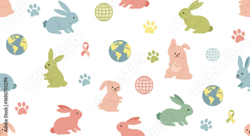 Colorful illustration featuring various cartoon rabbits, globes, paw prints, and ribbons, scattered across a white background.