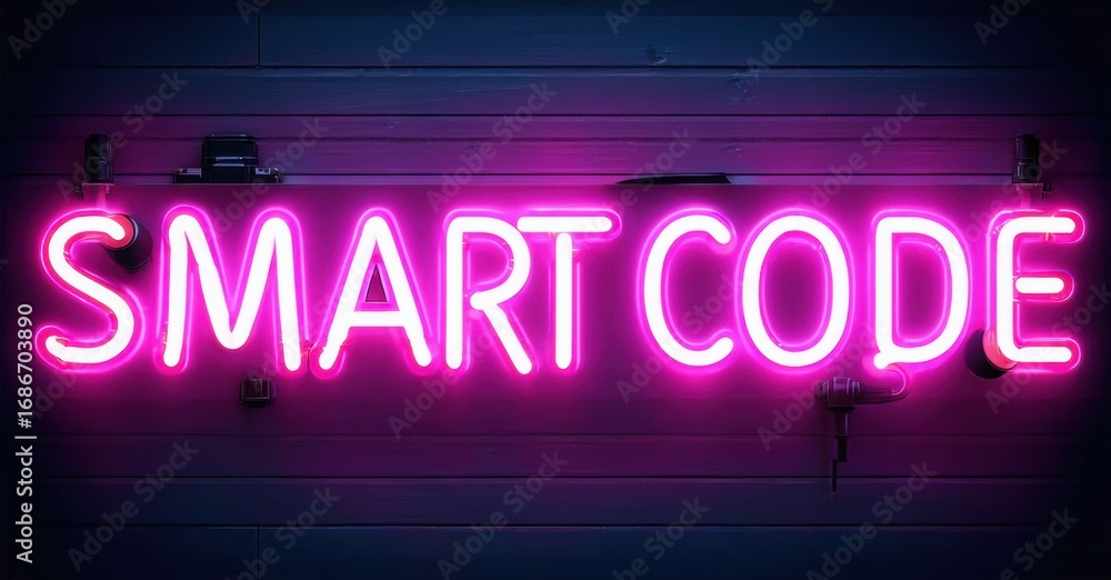 Obraz premium Bright pink neon sign displays SMART CODE against textured dark blue wall. Minimalist aesthetic, modern lighting design.