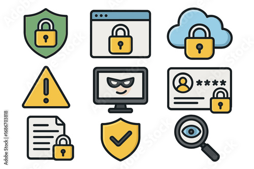 Cybersecurity icon set. Vector symbols for digital protection and data privacy. Includes hacker, cloud security, password authentication, and web safety. Flat cartoon style.