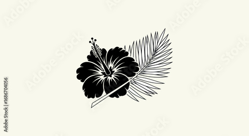 Elegant black hibiscus flower and tropical palm leaf line art illustration.