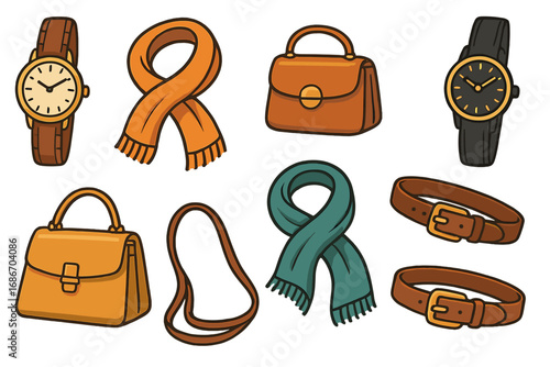 Stylish cartoon fashion accessories set. Vector collection of isolated personal items for design. Includes handbag, purse, watch, scarf, and leather belt. Wardrobe essentials.