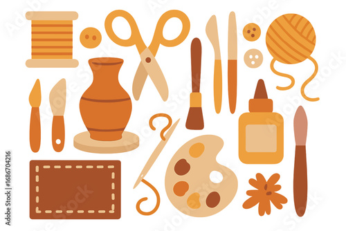 Arts and crafts tool set for creative hobbies like sewing, pottery, and painting. Handmade equipment for DIY projects. Vector illustration of workshop supplies. Minimal flat design.