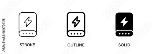 Power bank icon for accessories, technology, energy storage, battery, phone, charging. Vector stroke, outline and solid icons. EPS10