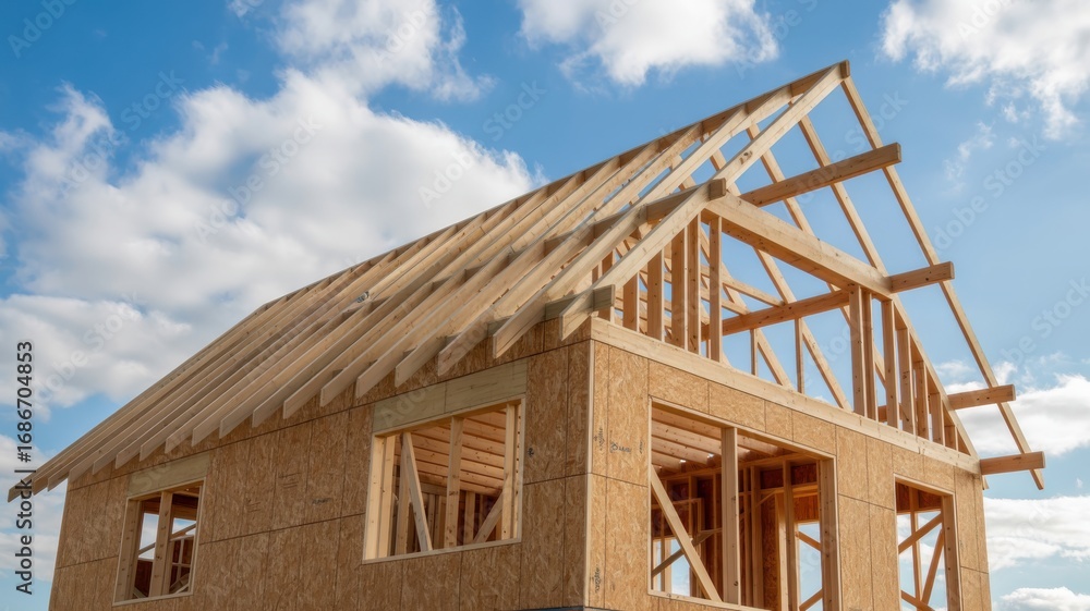 Obraz premium New house construction with wooden frame and blue sky in the background