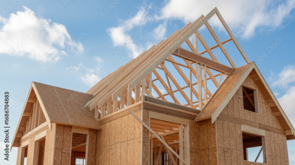 Obraz premium New house under construction with blue sky and cloud in background