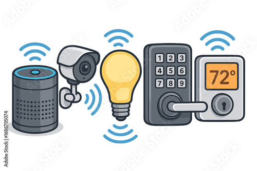 Smart home devices vector icon set. Home automation technology concept. IoT, Internet of Things. Security camera, smart lock, speaker, thermostat, and lightbulb illustration.