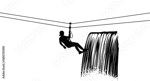ziplining adventure waterfall silhouette, isolated on transparent background