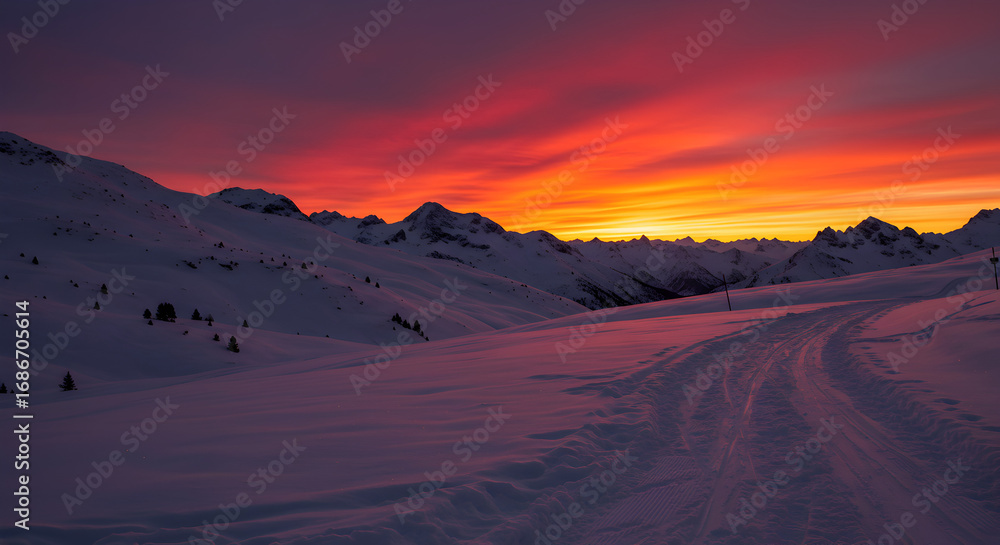 Fototapeta premium Fiery Sunset over Snowy Mountain Range