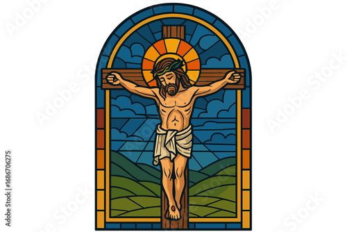 Stained glass window depicting the crucifixion of Jesus Christ on the cross. Vector illustration for church art. Religious Christian and Catholic symbol of faith, sacrifice, and passion.