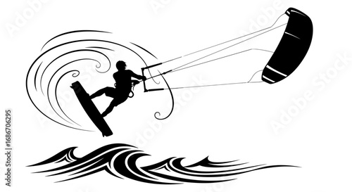 kitesurfer silhouette ocean dance, wind power, extreme freedom, isolated on transparent background