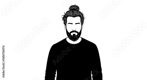 man bun silhouette a modern minimalist portrait, isolated on transparent background