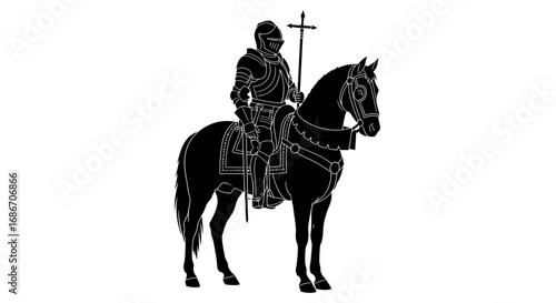 medieval knight silhouette of faith and valor on horseback, isolated on transparent background