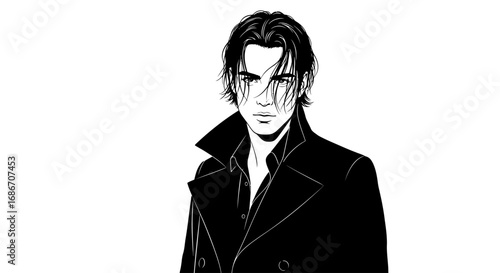 mysterious man black coat, intense gaze, pensive mood, isolated on transparent background