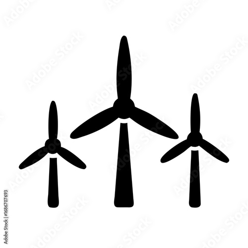 Minimalist black silhouette vector icon of three wind turbines with three blades, symbolizing renewable energy, sustainability, and clean power. Isolated on a transparent background