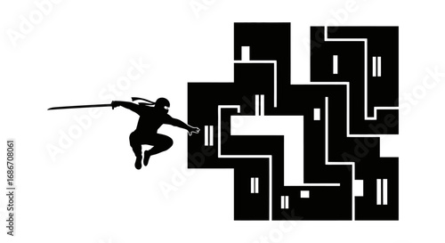 ninjas midnight labyrinth assault a stealthy, silhouetted jump into shadows, isolated on transparent background