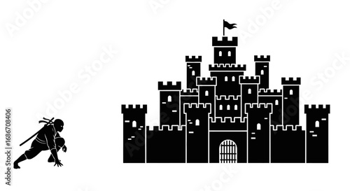 ninjas stealthy ambush a shadowy assault on the fortress, isolated on transparent background