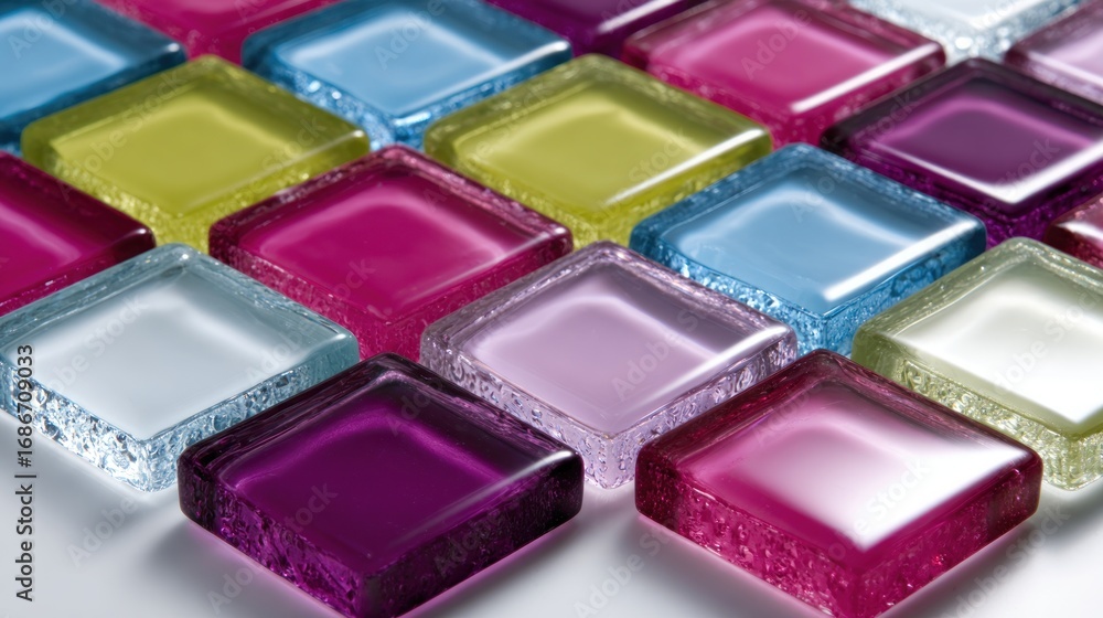 Naklejka premium A close-up shows an array of colorful, square-shaped glass tiles with textured surfaces, arranged in a grid pattern on a white surface, creating a vibrant mosaic