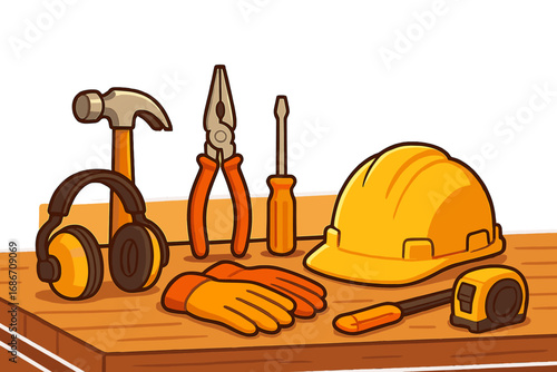 Construction tools and safety gear vector cartoon set. Builder equipment for workshop, DIY, or repair. Hard hat, gloves, hammer, pliers, screwdriver, hearing protection icon.