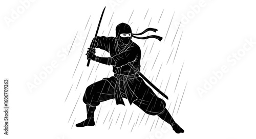 rainsoaked ninja a monochrome masterpiece of silent action, isolated on transparent background