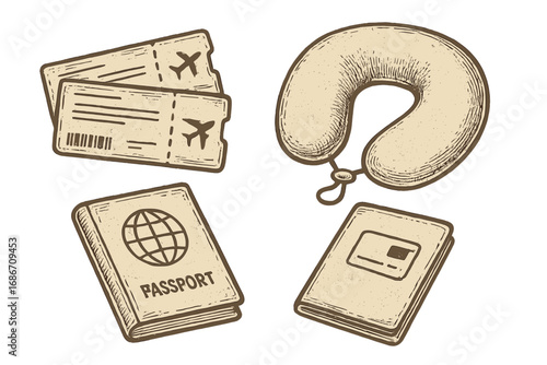 Travel essentials set. Vintage hand-drawn illustration of passport, flight tickets, neck pillow, and documents. Retro tourism, vacation, and journey concept icons for planning.