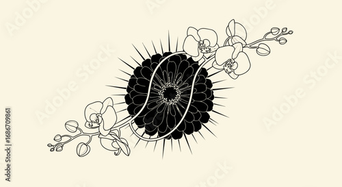 Mysterious dark sunburst with delicate orchid flowers and abstract wave pattern.