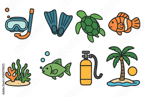 Scuba diving and snorkeling icon set. Underwater exploration symbols. Ocean life, activities at a tropical beach resort. Vector cartoon illustration with sea turtle, fish, coral.