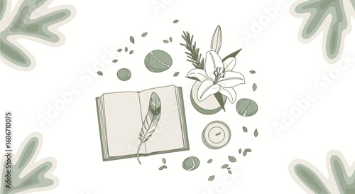 serene lily, open book, and quill a still life of tranquility, isolated on transparent background