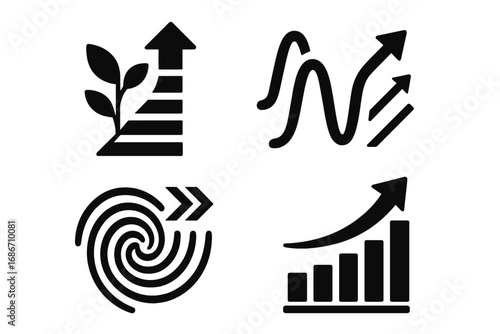 Business growth vector icon set. Symbols for progress, success, and financial improvement. Bar chart, upward arrow, chaos to order, and sustainable development concepts.