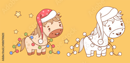 Cute Happy Christmas Horse Santa with New Year Garland set. Outline Line and Color drawing, Coloring page. Isolated Festive kawaii animal. Symbol 2026 to Eastern calendar. Vector illustration. Not AI