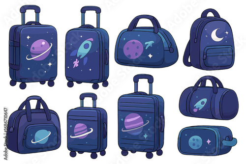 Vector cartoon illustration set of travel bags. Luggage collection with a space theme. Suitcase, backpack, duffel bag with galaxy, planet, rocket print. Isolated baggage.