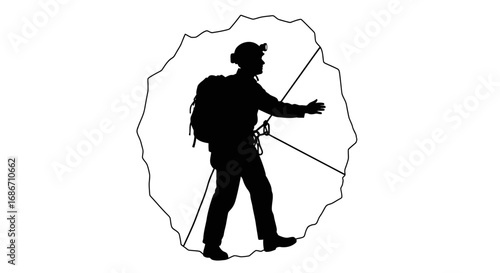 silhouette of a spelunker exploring a dark cave, isolated on transparent background