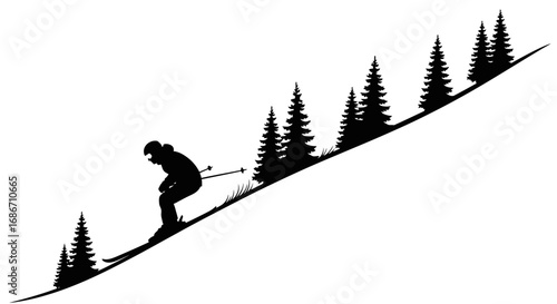 silhouette of a skier descending a snowy mountain slope, isolated on transparent background