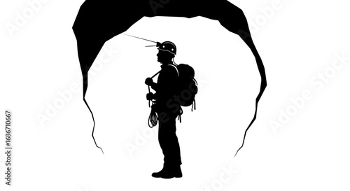 silhouette of a spelunker exploring the dark depths of the earth, isolated on transparent background