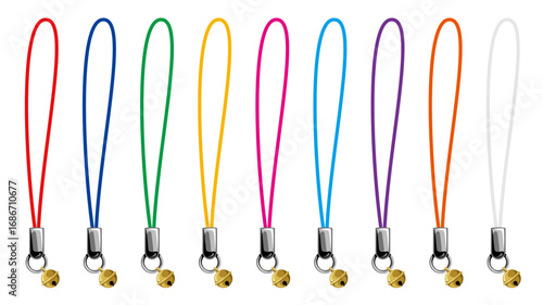 鈴付きストラップのカラーバリエーションセット｜シンプルなアクセサリーパーツベクター(Color Variation Set of Straps with Bells｜Simple Accessory Parts Vector Illustration)
