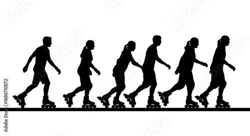 silhouette rollerblading group dynamic motion, urban energy, isolated on transparent background