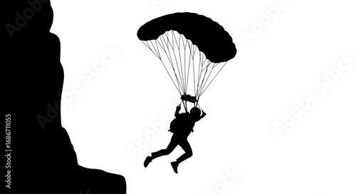skydiver silhouette a dramatic descent near a cliff, isolated on transparent background