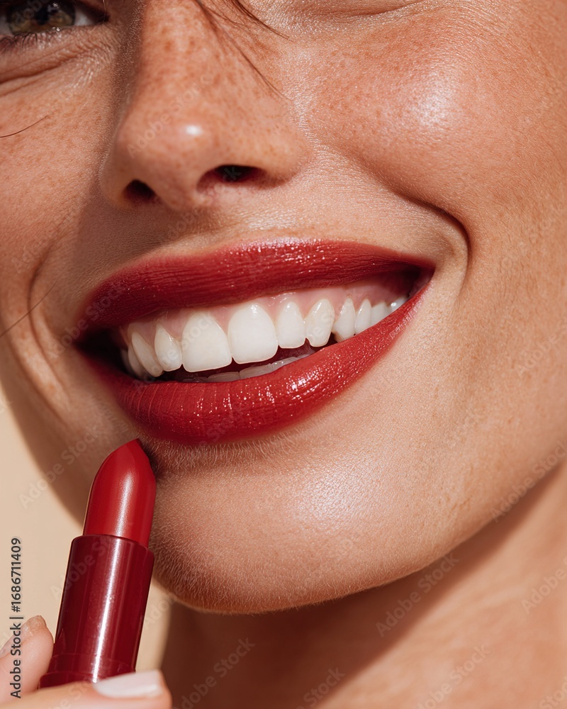 Naklejka premium Close-up of female model & elegant lips with radiant bright and vibrant color lips holding lipstick tube, professional beauty shoot for cosmetic, advertising and luxury makeup brand promotion
