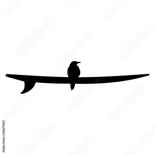 Logo club de surf. Silueta de cuervo de pie en tabla de surf	